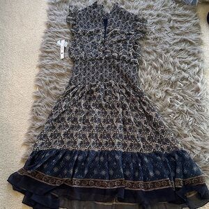 Aqua Navy and Cream Patterned Midi Dress